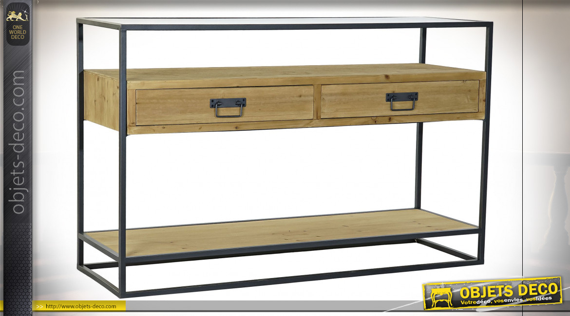 Console de style industriel moderne à 2 tiroirs en bois de sapin finition naturelle et métal gris anthracite, 120cm