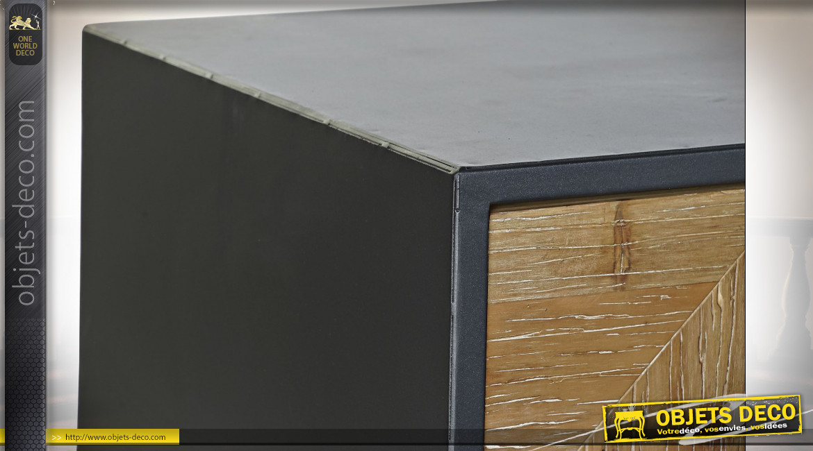Meuble TV à 6 tiroirs en bois de sapin finition naturelle et métal gris anthracite de style industriel, 146cm