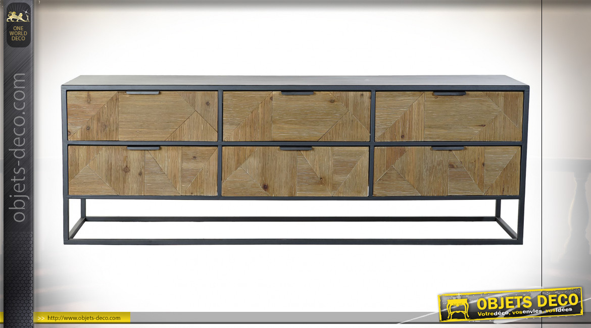 Meuble TV à 6 tiroirs en bois de sapin finition naturelle et métal gris anthracite de style industriel, 146cm