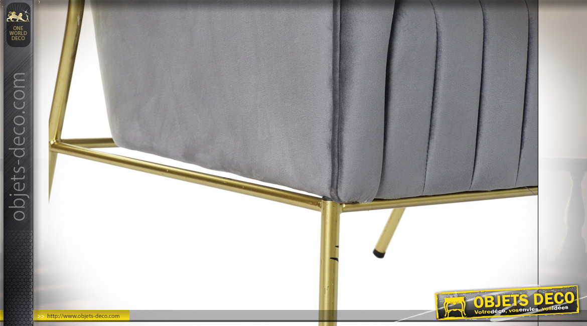 Fauteuil en tissu effet polyester finition gris foncé et pieds en métal doré de style rétro, 86cm