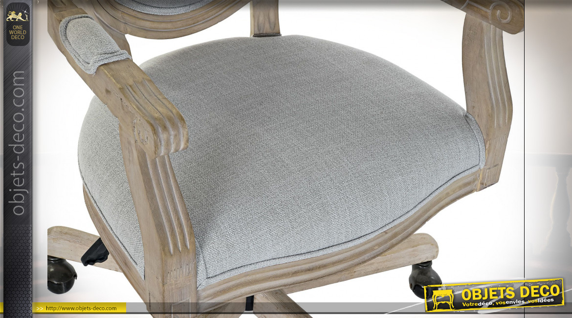 Fauteuil de bureau esprit chaise médaillon en lin gris clair et bois finition naturelle de style classique, 100cm