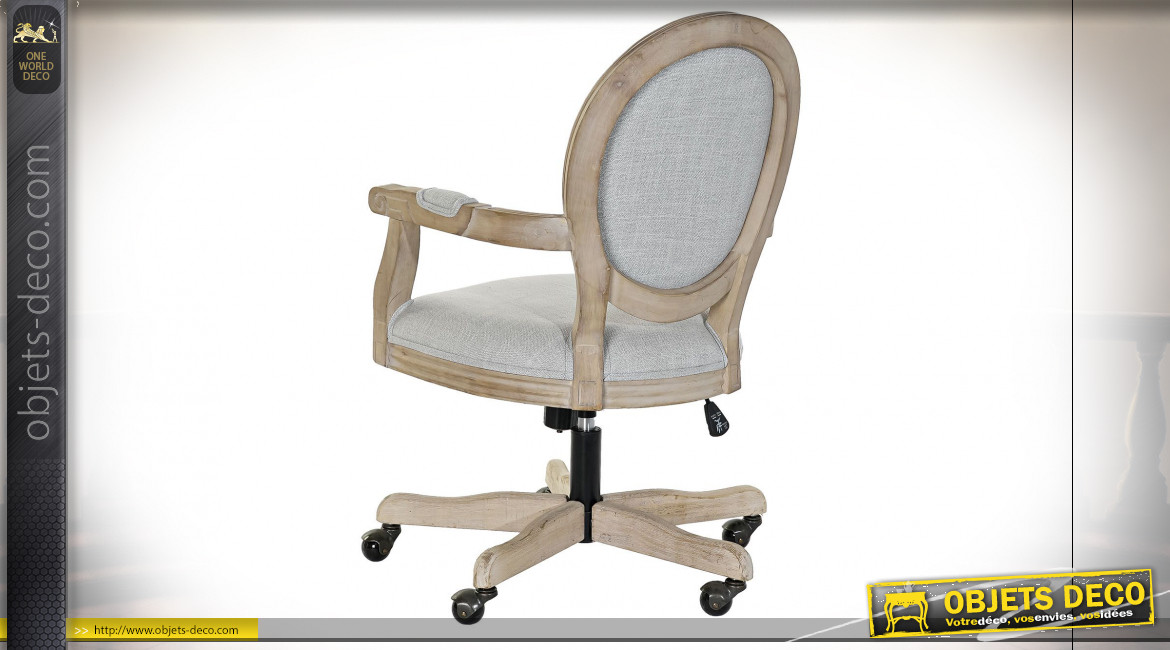 Fauteuil de bureau esprit chaise médaillon en lin gris clair et bois finition naturelle de style classique, 100cm