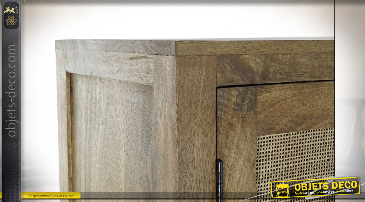 Vaisselier en bois de manguier et façades de portes en cannage de rotin finition naturelle ambiance rétro, 150cm