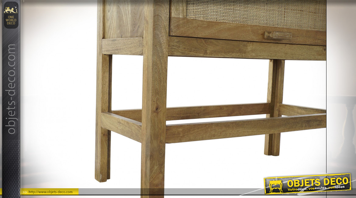 Vaisselier en bois de manguier et façades de portes en cannage de rotin finition naturelle ambiance rétro, 150cm