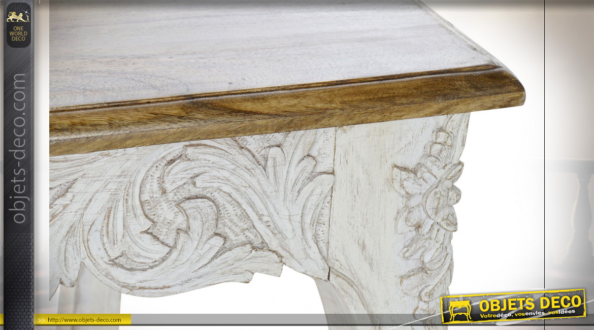 Table en bois de manguier sculpté finition naturelle et blanc vieilli de style classique, 180cm