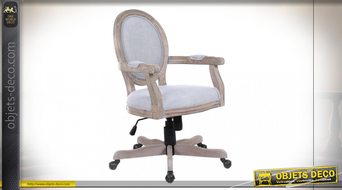 Fauteuil de bureau d'inspiration chaise médaillon en lin gris et bois finition naturelle de style classique, 106cm