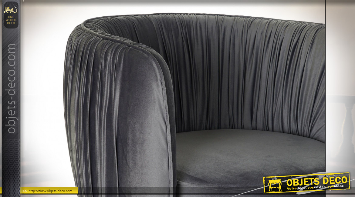 Fauteuil en tissu effet velours finition gris foncé et pieds métal noir de style rétro, 78cm