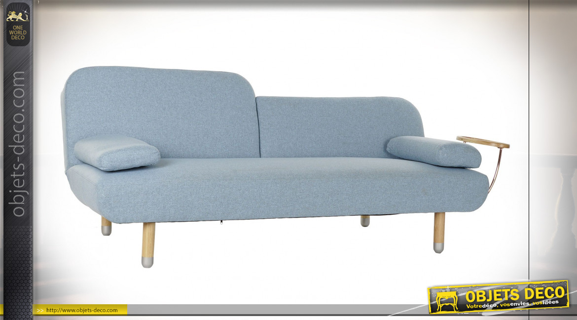 Canapé convertible de style moderne en tissu finition bleu ciel et pieds en bois, 200cm