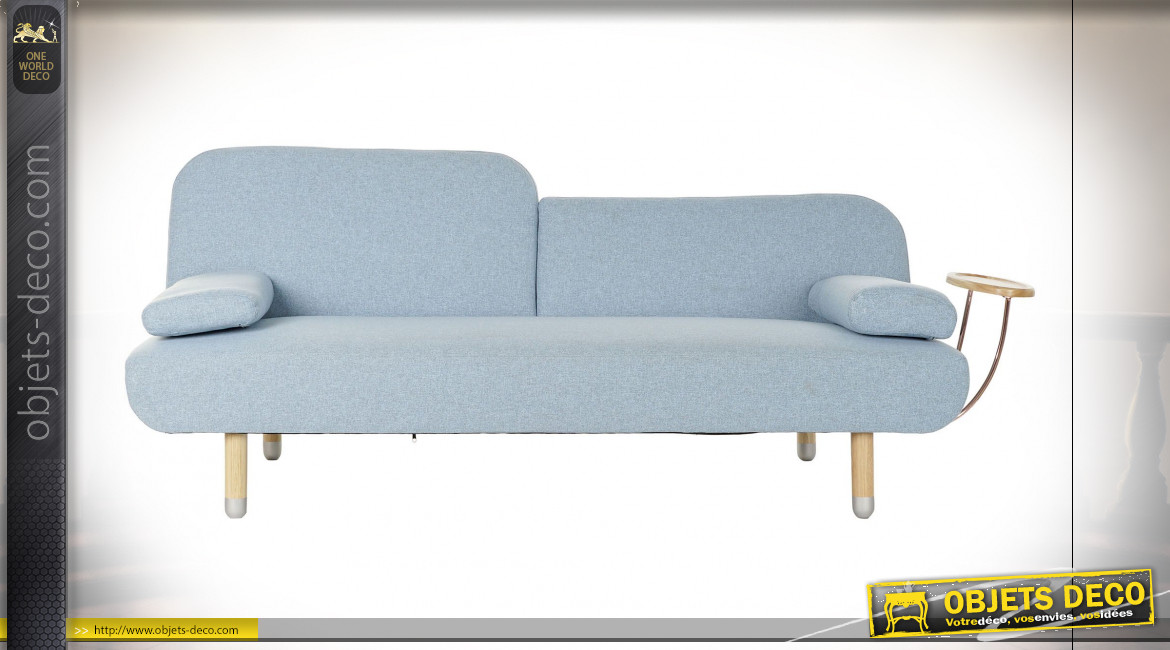Canapé convertible de style moderne en tissu finition bleu ciel et pieds en bois, 200cm