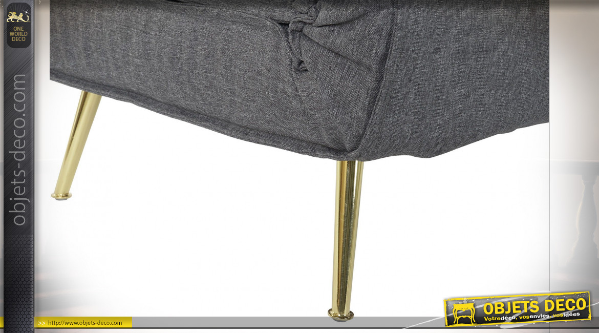 Fauteuil convertible en tissu finition gris foncé et pieds en métal doré de style contemporain, 90cm