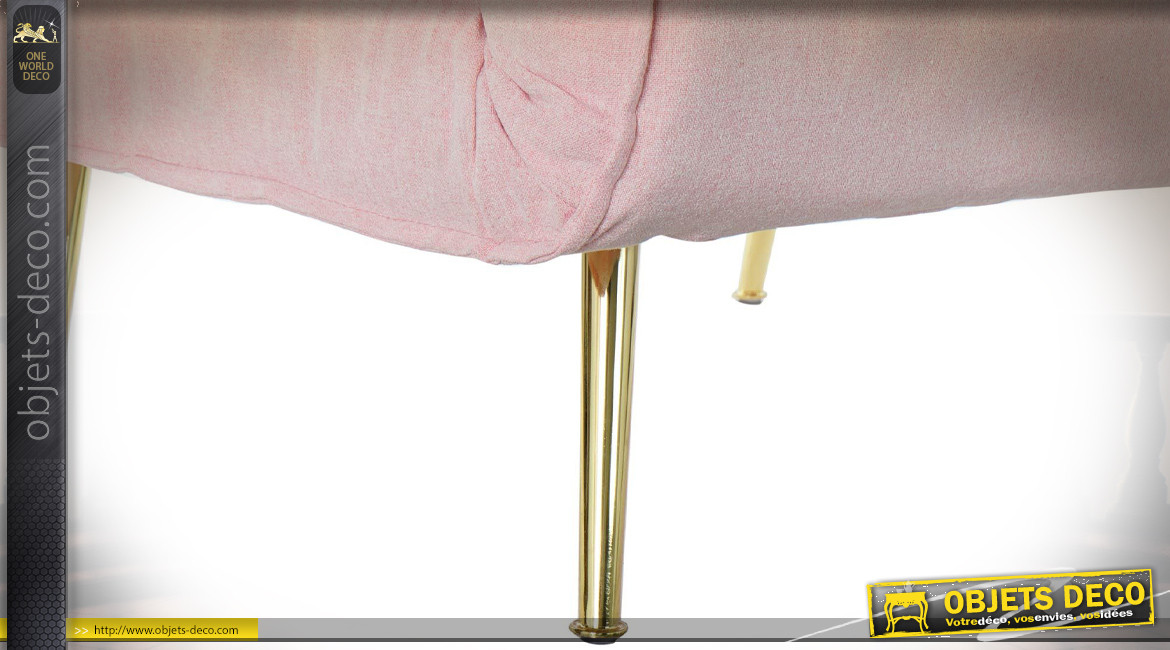 Fauteuil convertible en tissu finition rose pâle et pieds en métal doré de style contemporain, 90cm