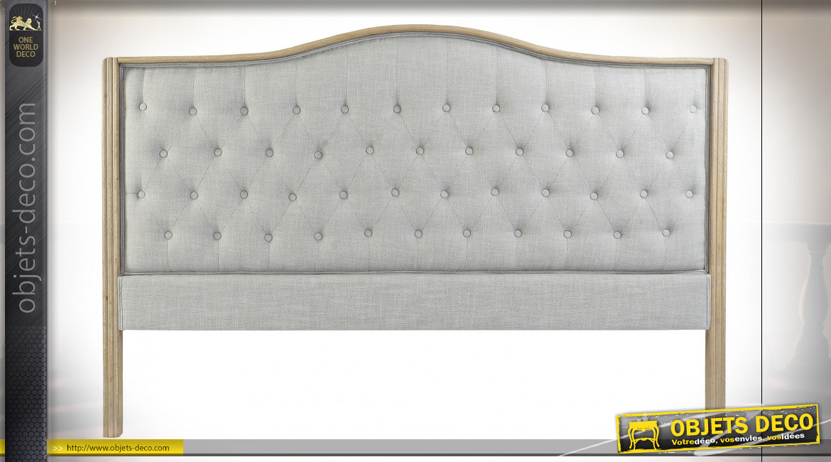 Tête de lit en lin capitonné gris clair et bois de caoutchouc finition naturelle de style classique, 180cm