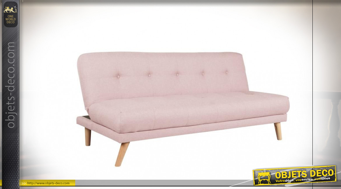 Canapé convertible 3 places en tissu capitonné finition rose pâle et pieds en bois de style Scandinave, 172cm