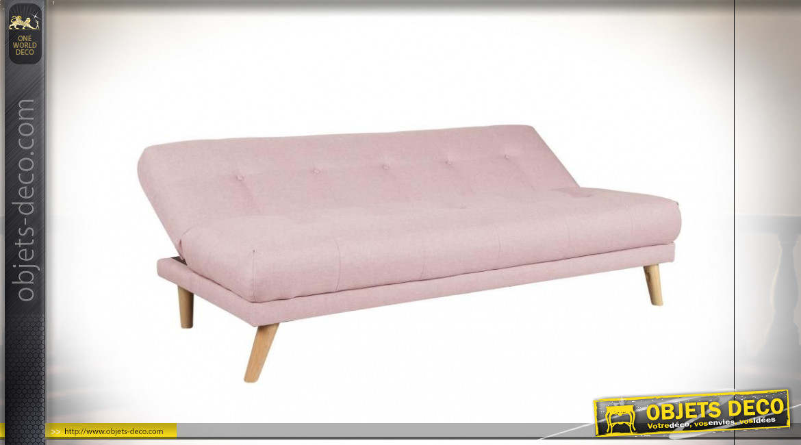 Canapé convertible 3 places en tissu capitonné finition rose pâle et pieds en bois de style Scandinave, 172cm
