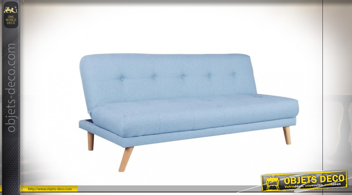 Canapé convertible 3 personnes en tissu finition bleu ciel et pieds en bois de style Scandinave, 172cm