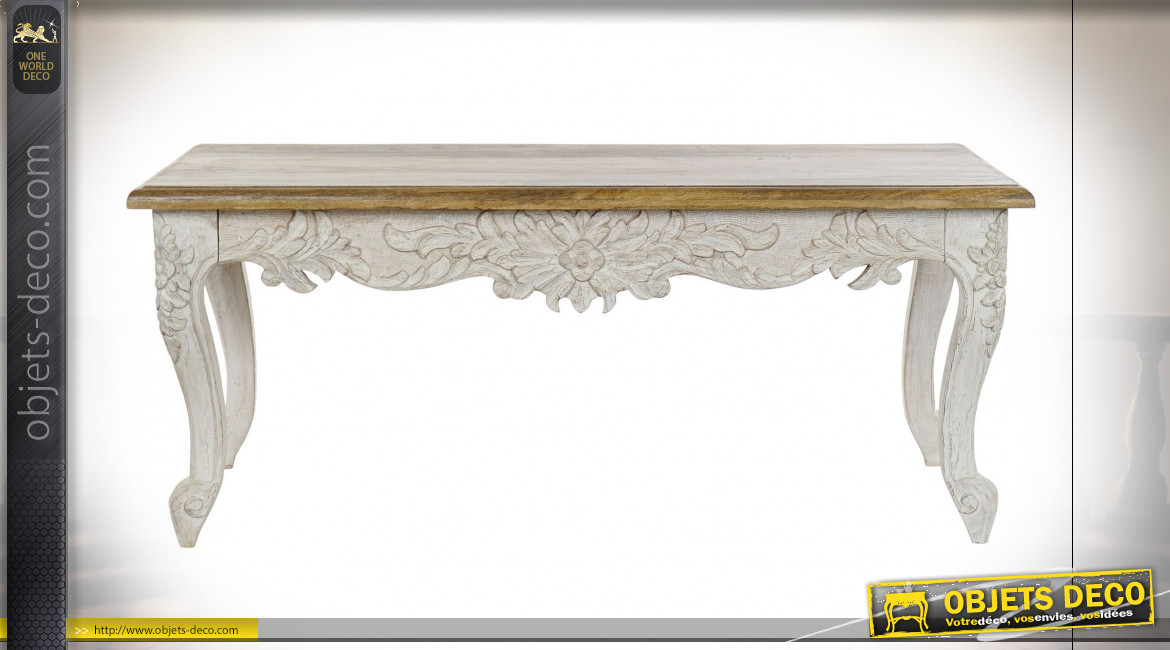 Table basse en bois de manguier sculpté finition blanc vieilli et naturelle de style classique, 120cm