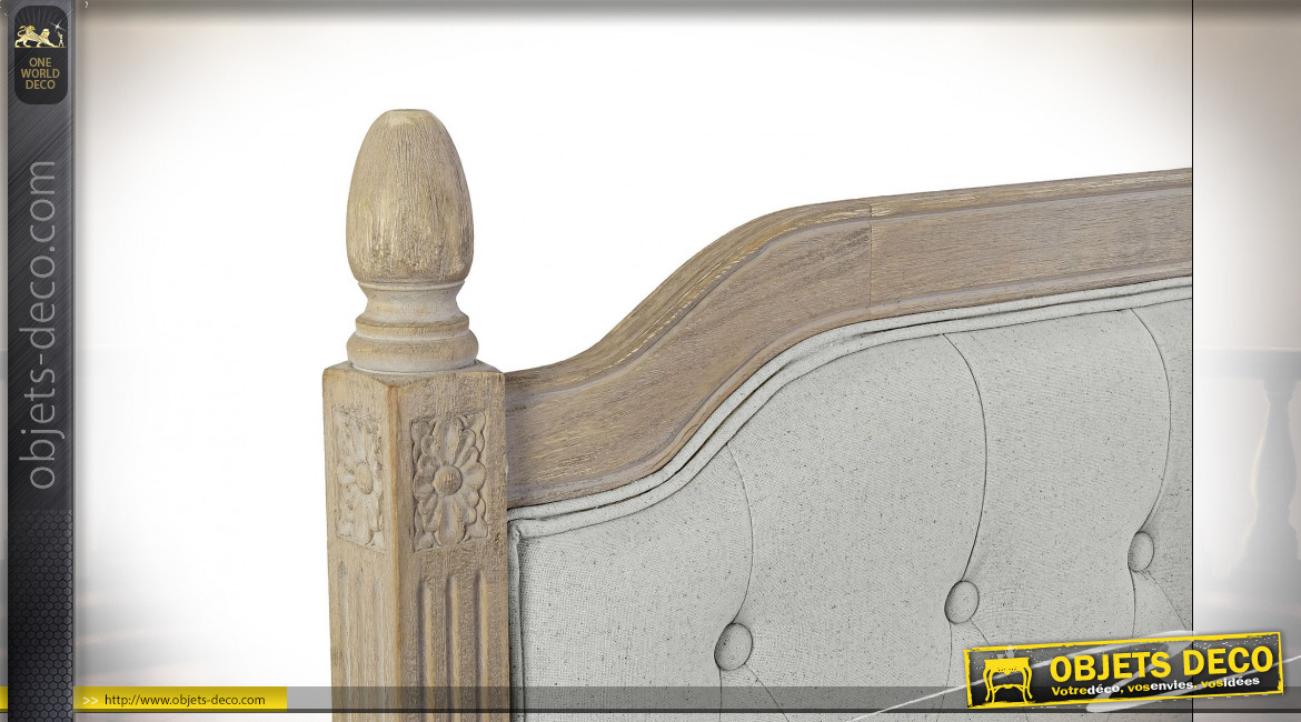 Tête de lit en lin capitonné finition gris perle et bois de caoutchouc gravé de style classique, 160cm