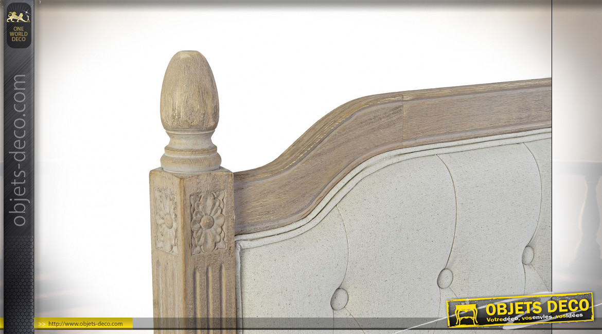 Tête de lit capitonnée en lin écru et bois de caoutchouc gravé finition naturelle ambiance classique, 160cm