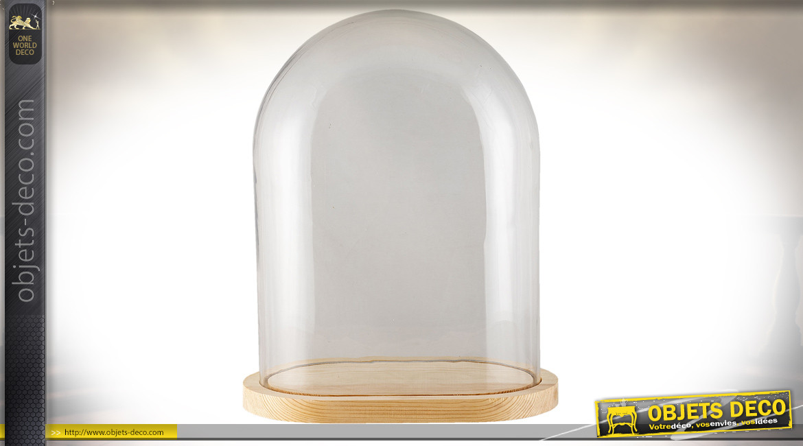 Globe ovale en verre sur socle en bois finition naturelle, 40cm