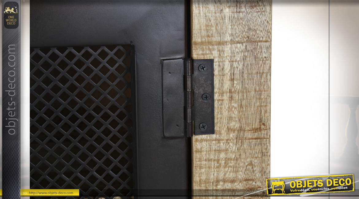Buffet avec porte-bouteilles en bois de manguier finition naturelle et portes en métal ajouré noir de style rustico industriel, 150cm