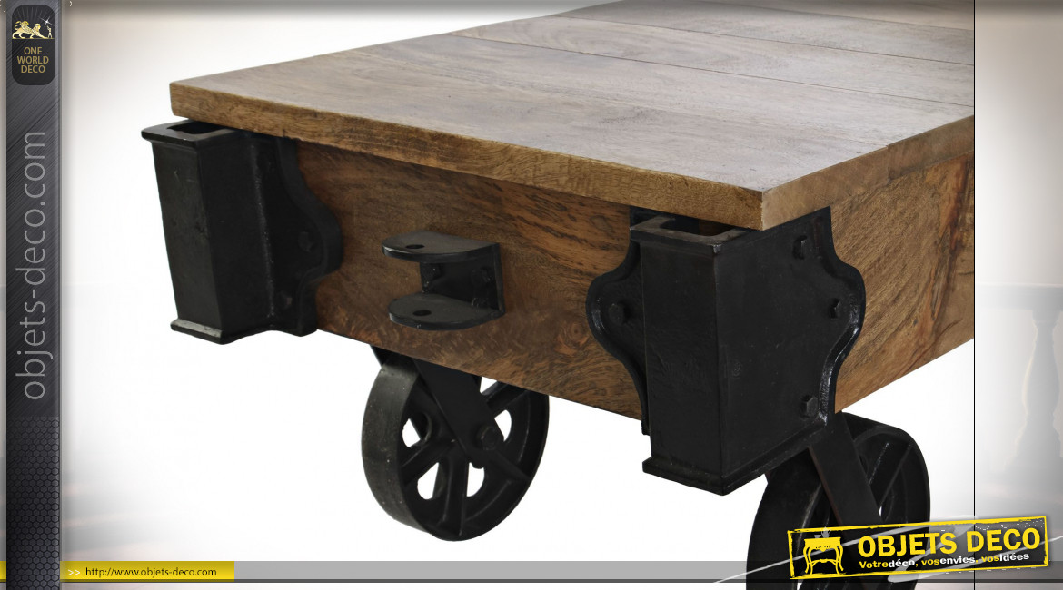 Table basse wagonnet en bois de manguier finition naturelle et métal noir de style industriel, 120cm