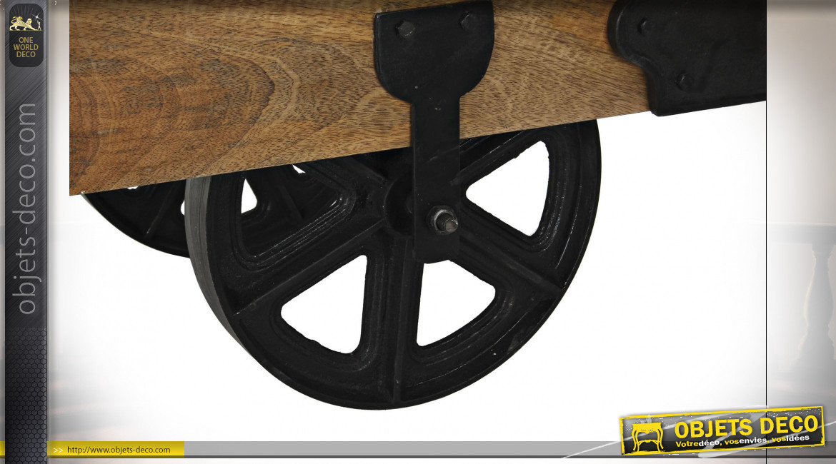 Table basse wagonnet en bois de manguier finition naturelle et métal noir de style industriel, 120cm