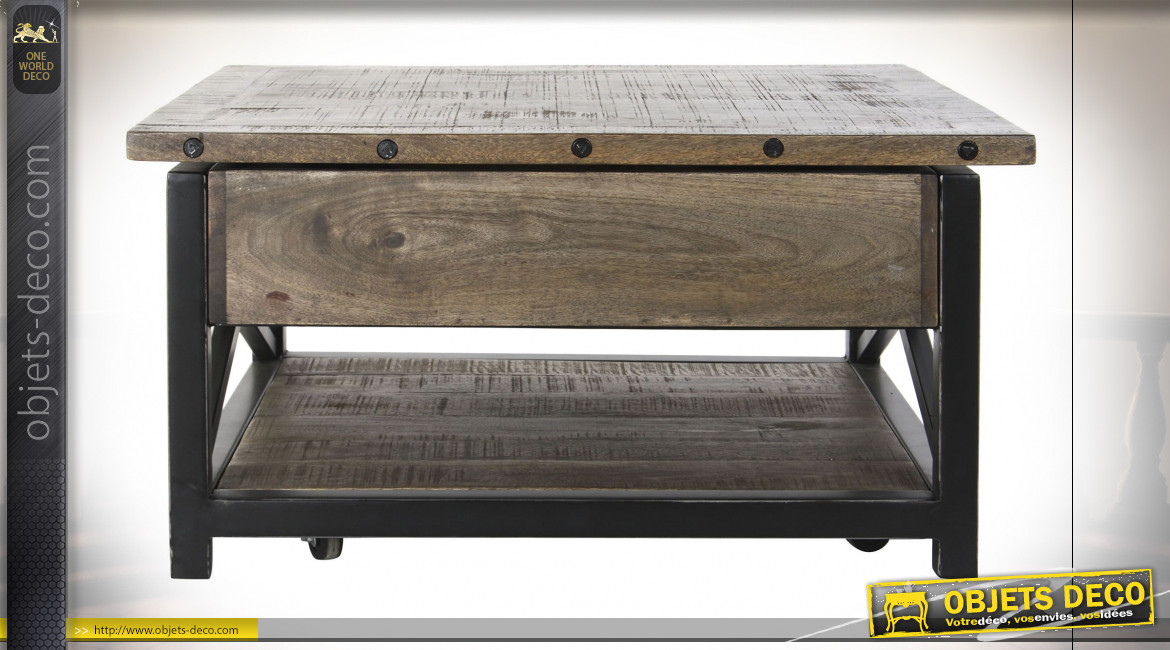 Table basse ouvrante en bois de manguier finition vieillie et métal noir de style rustico industriel, 116cm