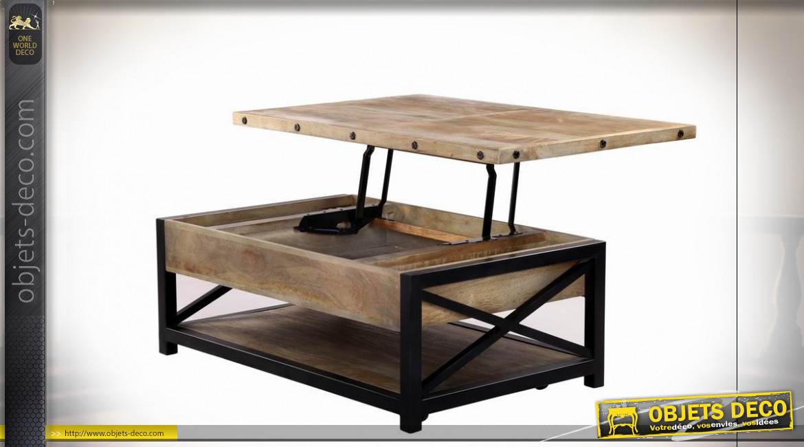 Table basse ouvrante en bois de manguier finition vieillie et métal noir de style rustico industriel, 116cm