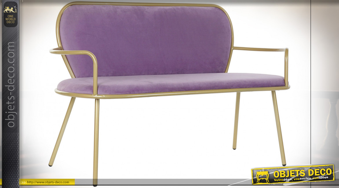 Canapé en tissu effet velours finition lilas et métal jaune moutarde de style moderne, 129cm