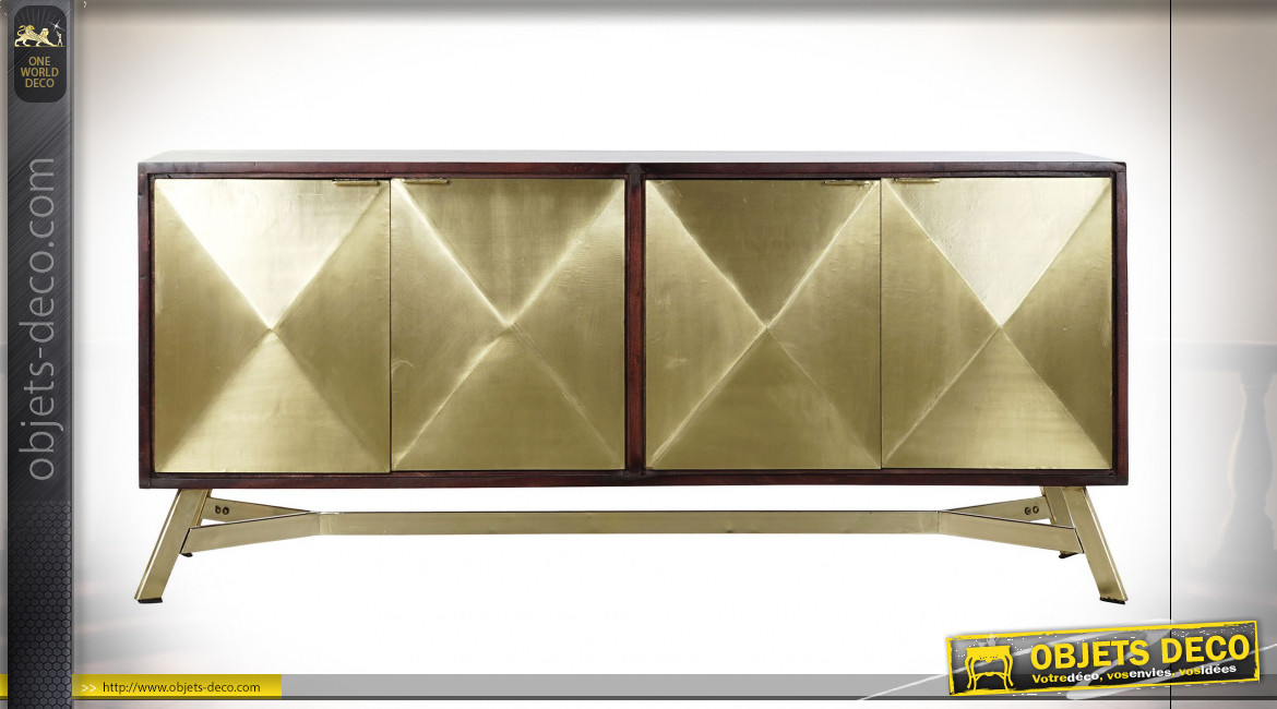 Buffet à 4 portes dorées en relief et bois d'acacia finition brun foncé ambiance design vintage, 150cm