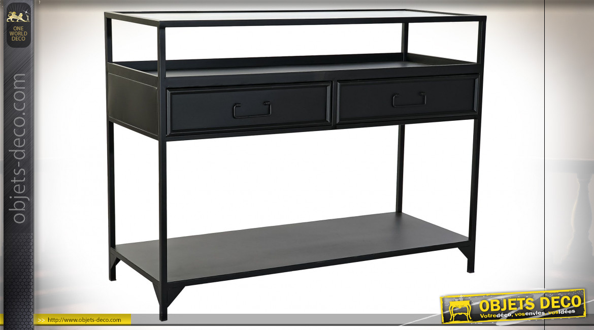Console à 2 tiroirs en métal finition gris anthracite et plateau en verre ondulé transparent de style industriel moderne, 100cm