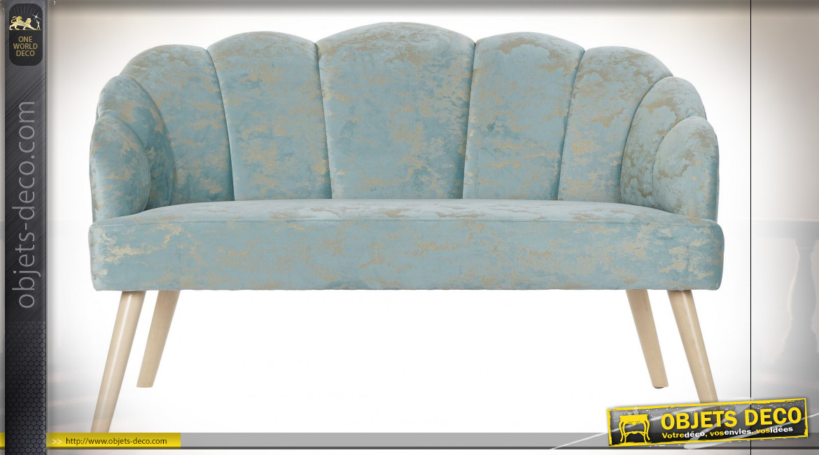 Canapé 2 places en tissu finition bleu ciel et reflets ocre de style rétro, 126cm