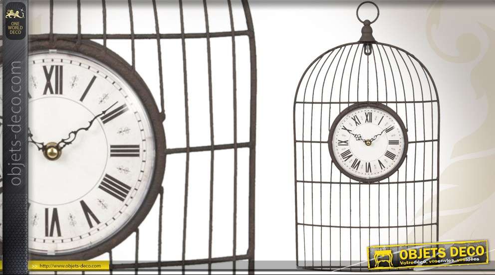 Horloge murale déco cage à oiseaux métal antique