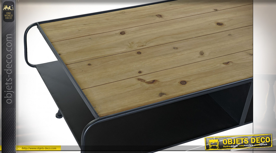 Table basse en bois de sapin finition naturelle et métal gris anthracite ambiance industrielle, 120cm