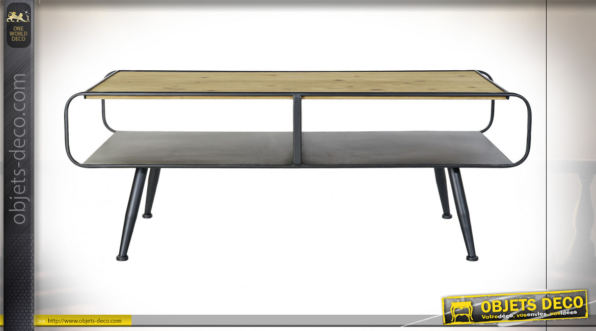 Table basse en bois de sapin finition naturelle et métal gris anthracite ambiance industrielle, 120cm