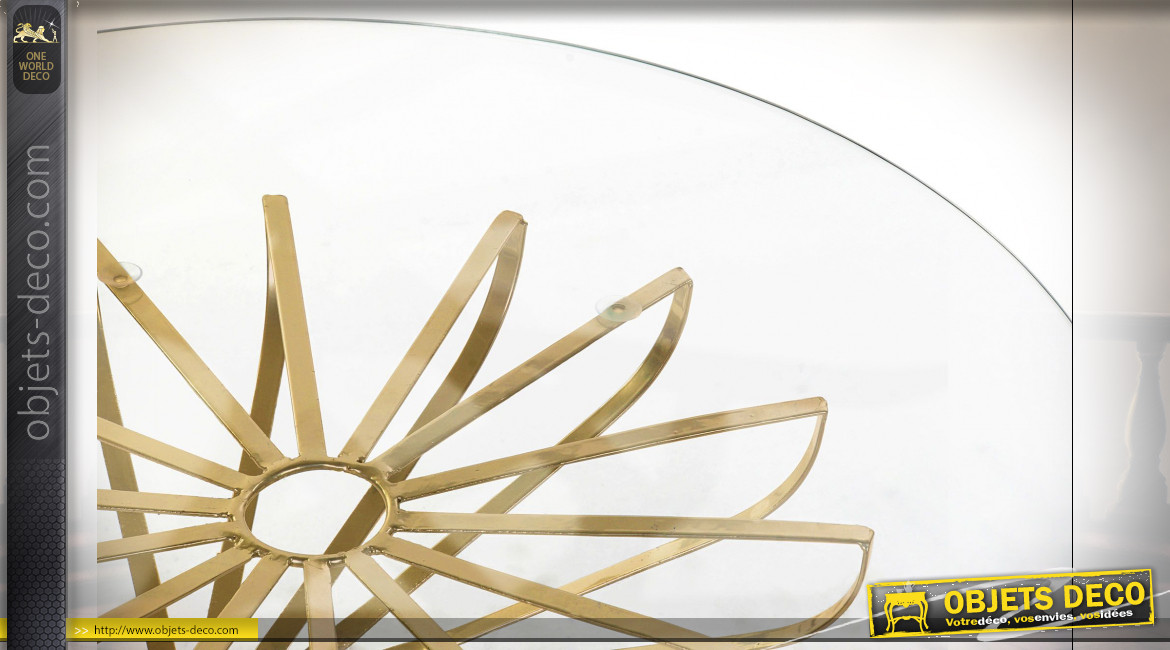 Table basse en métal ajouré finition dorée et plateau en verre transparent de style moderne chic, Ø 81cm