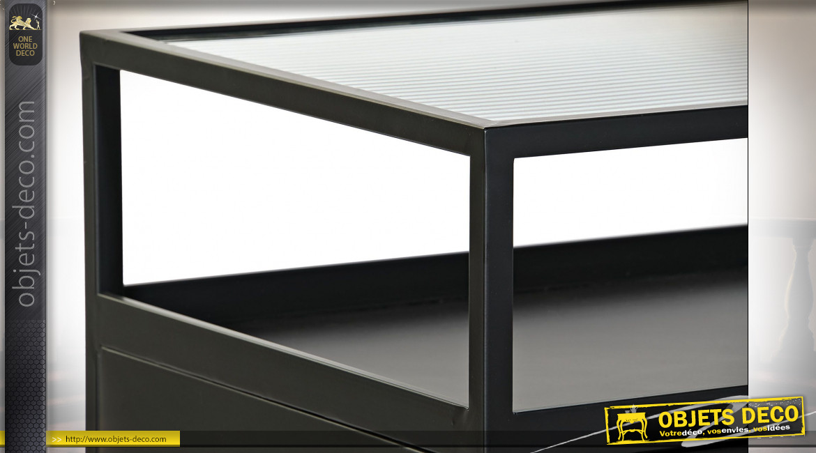 Table de chevet 2 tiroirs en métal finition gris anthracite et plateau en verre ondulé de style atelier moderne, 55cm