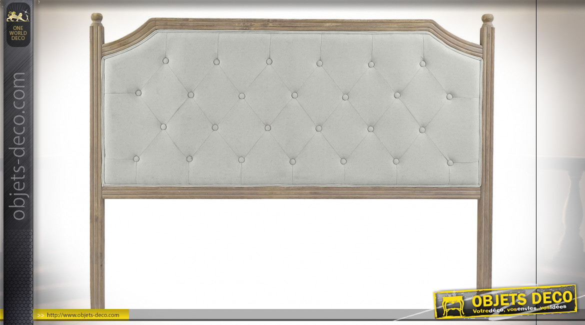 Tête de lit en bois finition naturelle et lin capitonné écru de style classique, 160cm