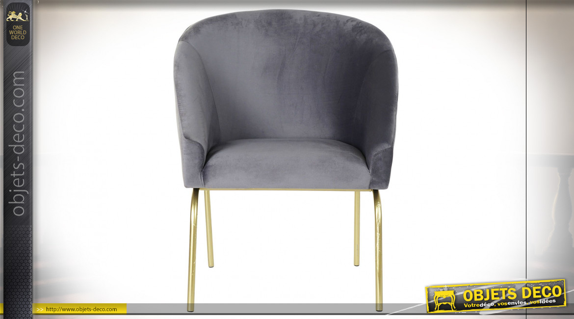 Chaise de style rétro en tissu effet velours finition gris clair et pieds doré, 88cm