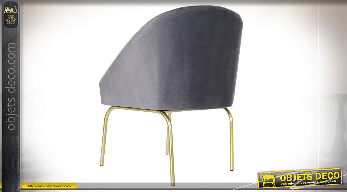 Chaise de style rétro en tissu effet velours finition gris clair et pieds doré, 88cm