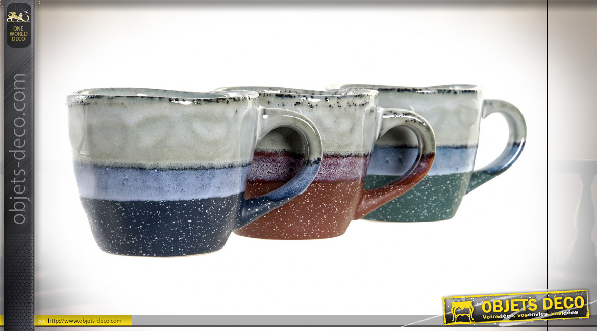 Série de 3 tasses en grès style ancienne poterie, couleurs effet usées, 240ml