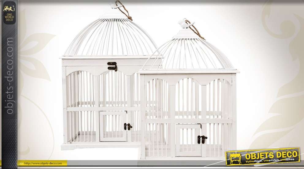 Ensemble de 2 cages à oiseaux blanches en bois style rétro