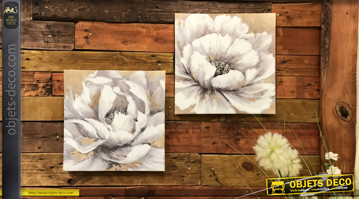 Série de 2 toiles carrées avec impressions de fleurs, ambiance romantique, 40cm