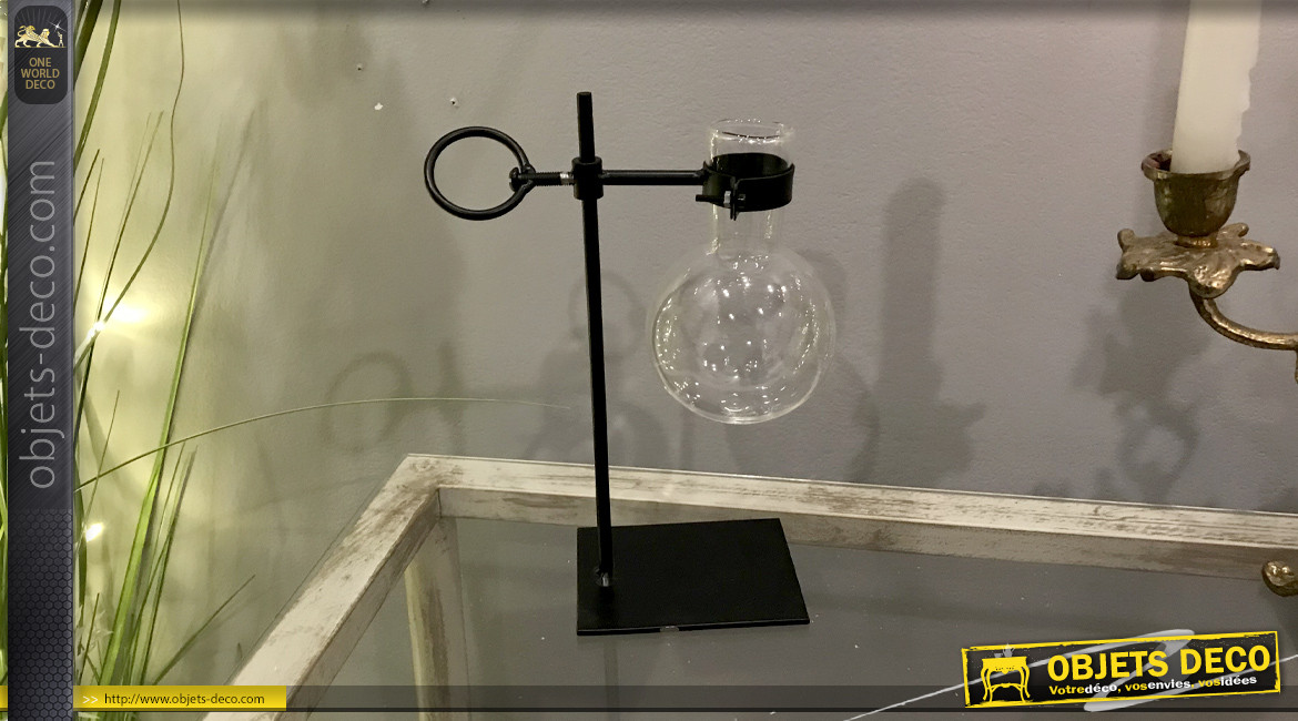Vase globe en métal esprit accessoire de chimiste, structure en métal charbon noir, 22cm