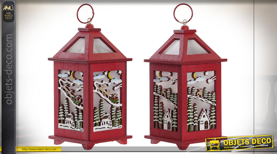 Duo de lanternes de Noël, en bois coloris rouge avec éclairage LED 18 cm