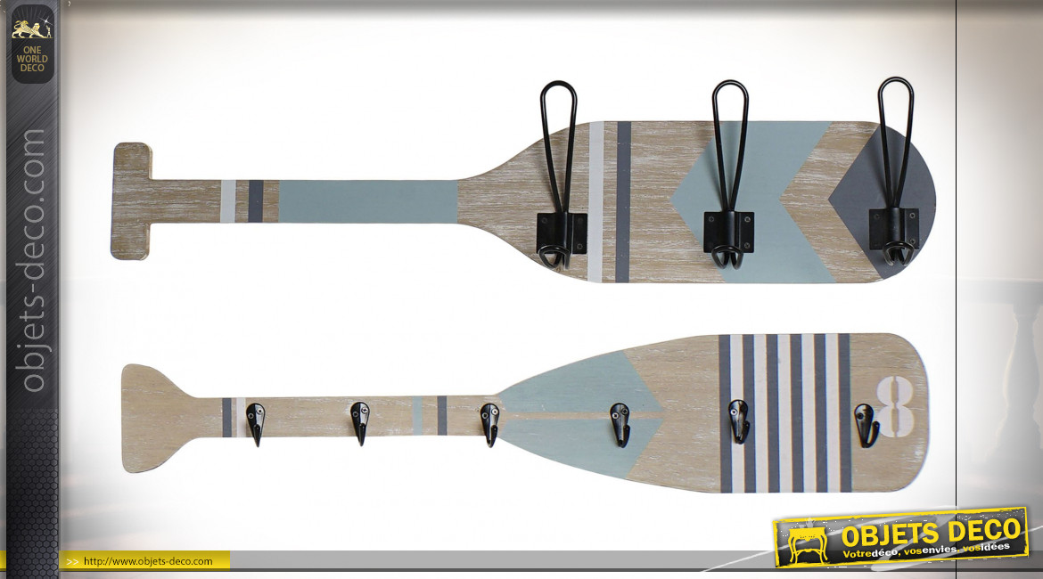 Série de 2 porte-manteaux muraux en forme de rame de bateau, en bois finitions bleutées, 60cm