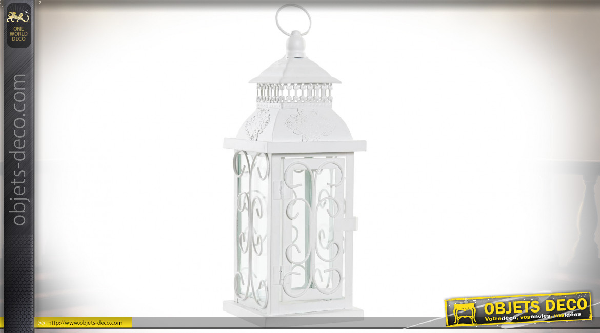Lanterne blanche en métal et verre de style romantique 29 cm