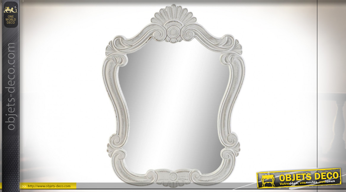 Miroir en bois style classique finition blanc et patiné doré, ambiance chic, 53cm