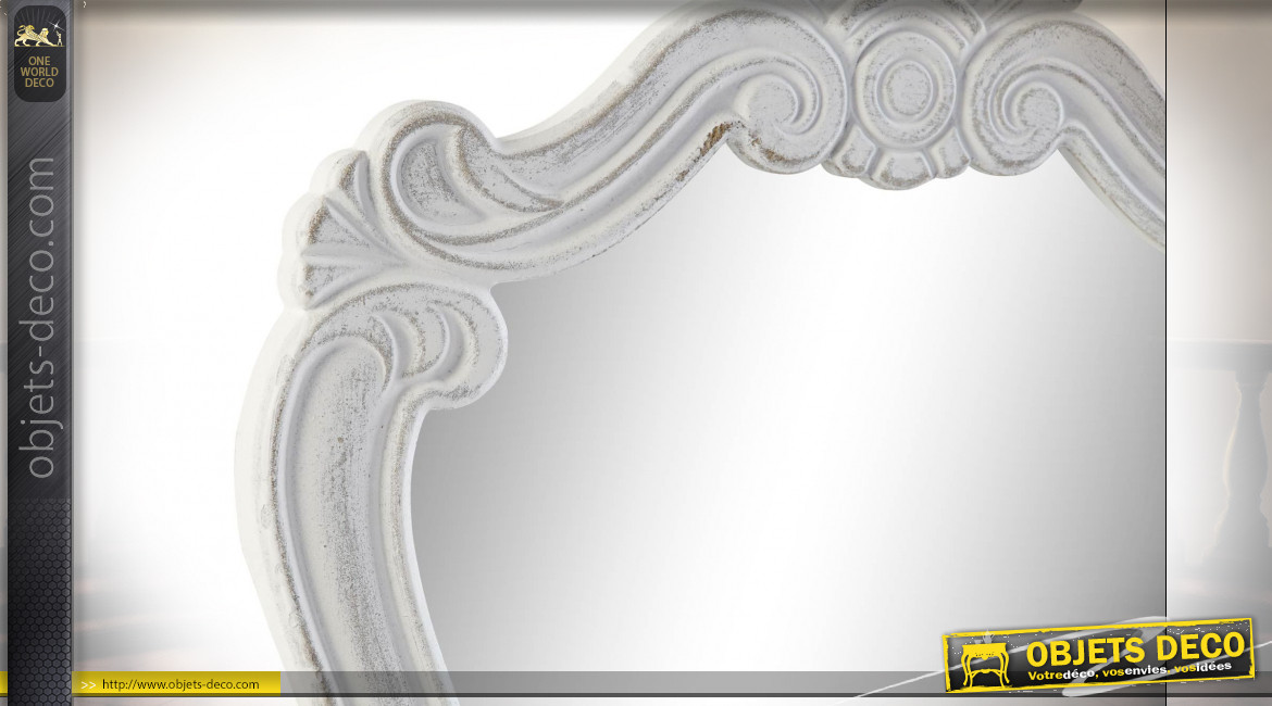 Miroir en bois style classique finition blanc et patiné doré, ambiance chic, 53cm