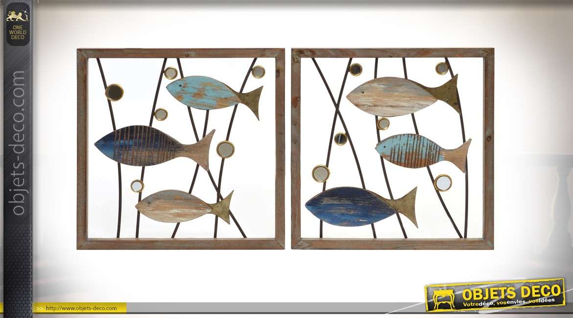Série de deux cadres en bois et métal finition vieilli - banc de poissons 40x40